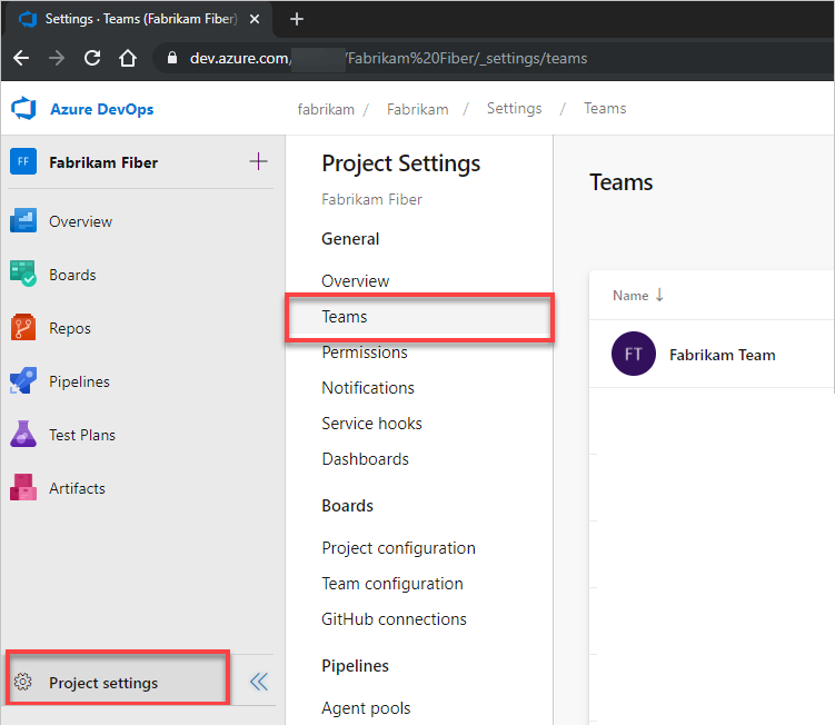 Open Project settings, and then Teams