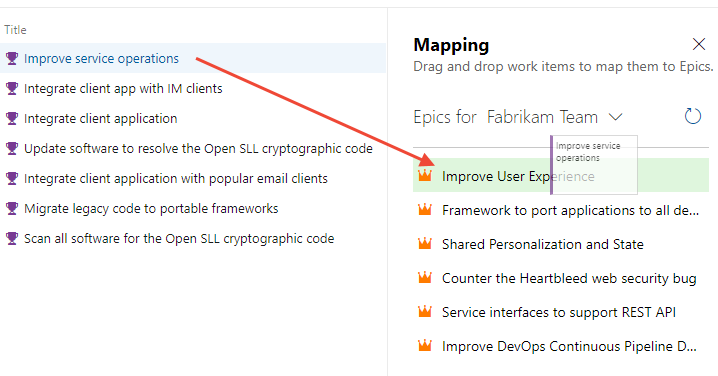 Screenshot that shows dragging and dropping a feature onto an epic.