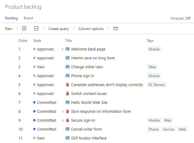 Screenshot of product backlog, View with Tags column added.