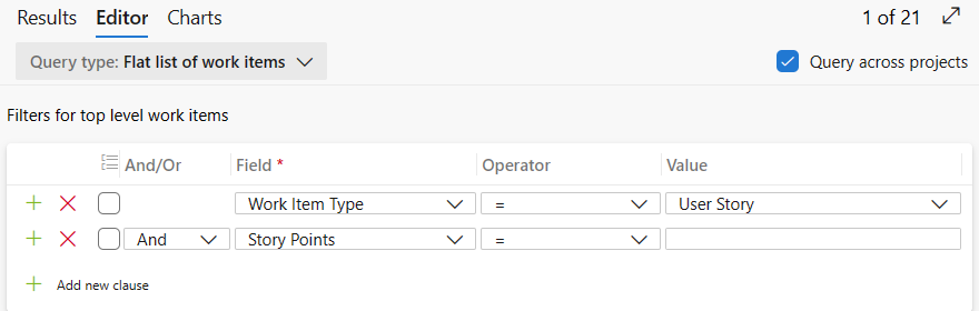 Screenshot that shows a filter where the Story Points value is blank.