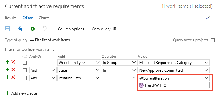 Query filter using the CurrentIteration macro with team parameter
