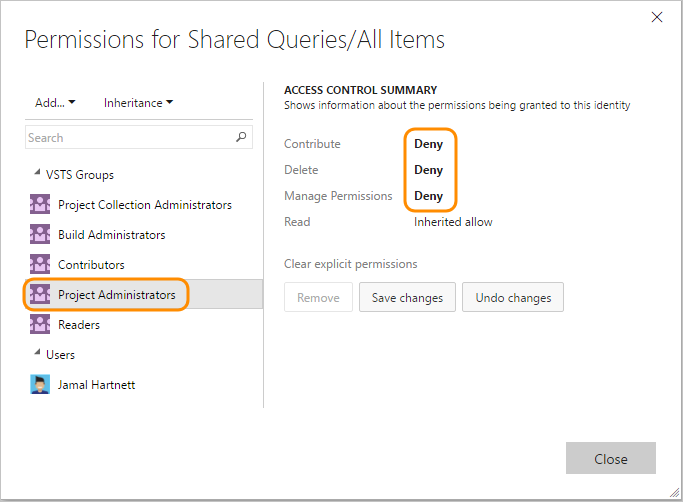 Screenshot of Permissions dialog for a shared query, TFS 2018.