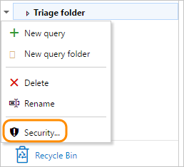 Screenshot of context menu for a query folder, Security option, TFS 2018.