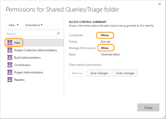 Screenshot of Permissions dialog for a Shared query folder, TFS 2018.