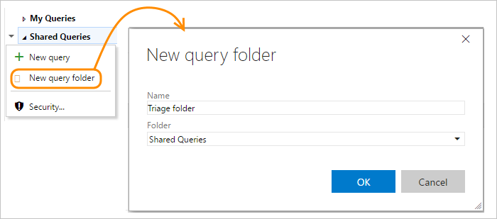 Screenshot of New query folder menu option and New query folder dialog, TFS 2018. 