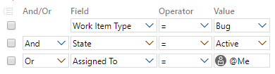Screenshot showing a group clause query. Filters are set up for the Work item type field and either the State field or the Assigned to field.
