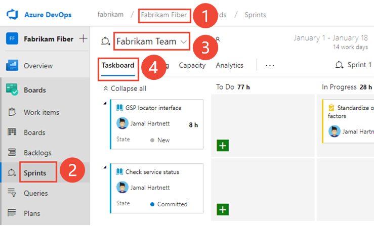 Screenshot that shows how to Open the sprint Taskboard for a team.