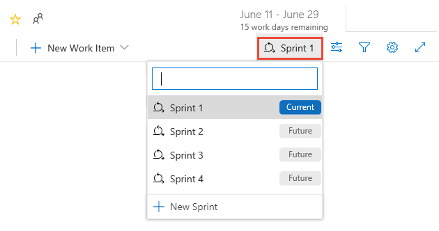 Screenshot that shows how to Choose another sprint, Azure DevOps 2019.