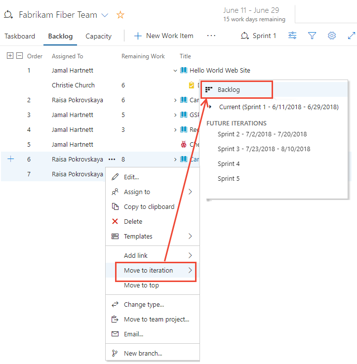 Screenshot of moving work items to backlog.