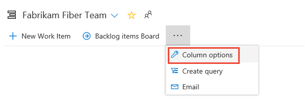 Screenshot showing how to Open Column Options from More commands menu, Azure DevOps Server 2019.