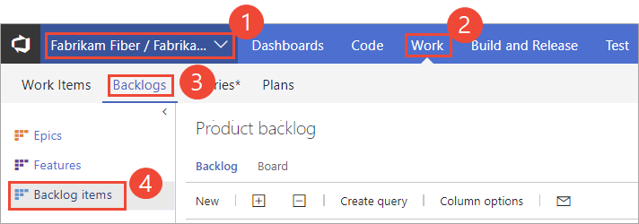 Screenshot of Open the Boards, Backlogs page, TFS-2018 version.