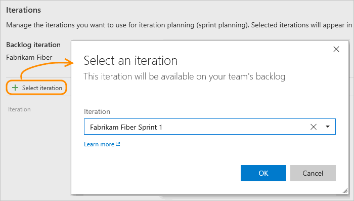 Screenshot of Work, Iterations page for team, select sprint to activate for TFS 2018.