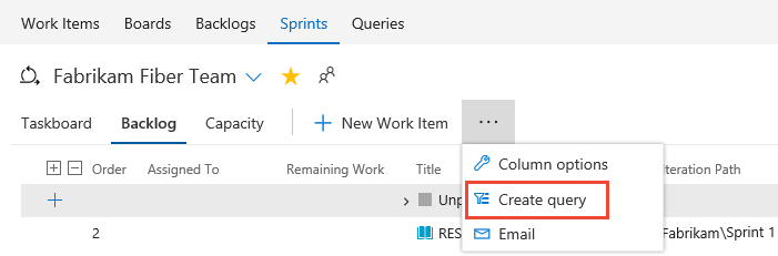 Choose create query from sprint backlog