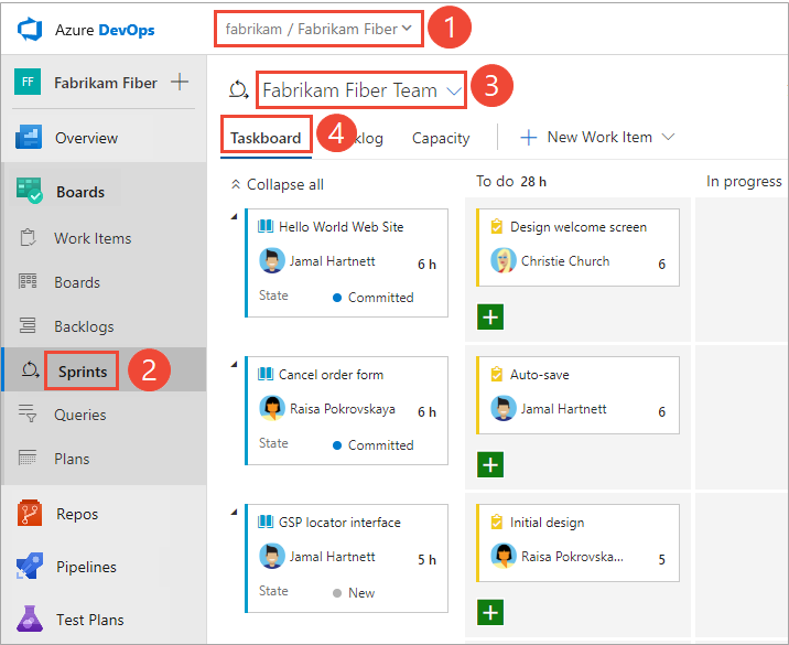 Screenshot that shows how to Open the sprint Taskboard for a team, Azure DevOps 2019.