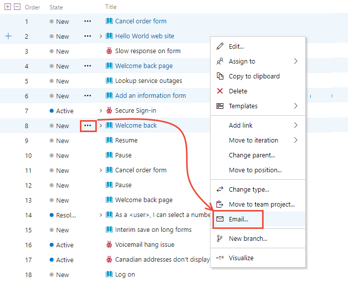 Screenshot of backlog, context menu, Email... options.