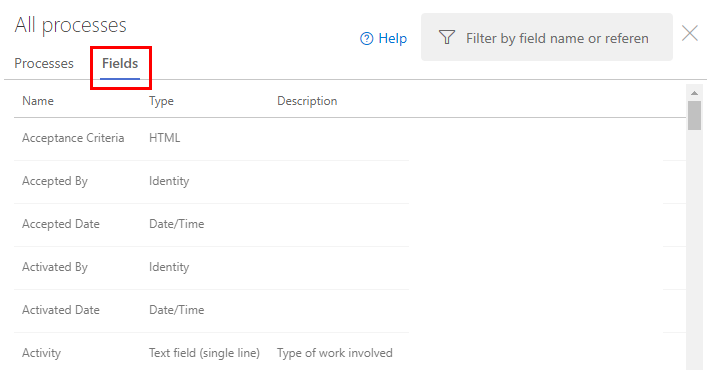 Screenshot of Collection Settings, Process, Fields page.