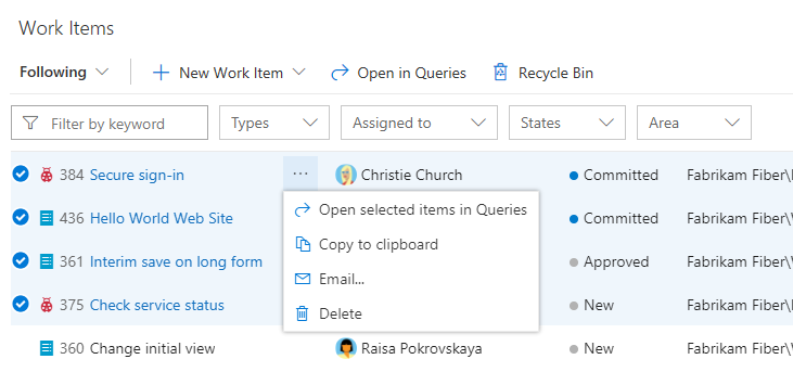 Screenshot of web portal, Work Items page, Following view, Select multiple work items, open context menu.