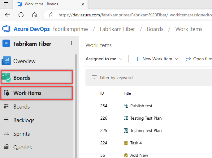 View and add work items from Work Items page Azure Boards