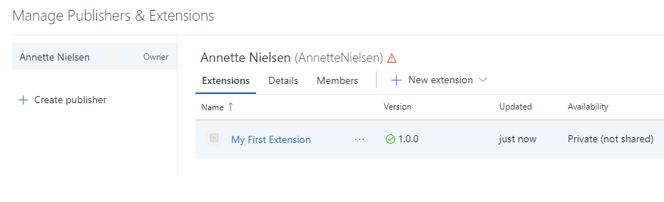 Screenshot showing extension in the list of published extensions.