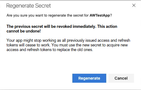 Screenshot confirming secret regeneration.
