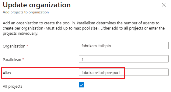 Screenshot that shows how to configure a pool alias for multiple organizations.