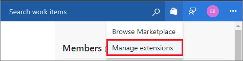 On the Extension page, a drop-down list to the right of the search window has two options, Browse Marketplace and Manage extensions (highlighted).