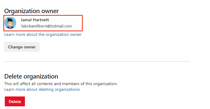 Screenshot showing the Organization owner on the Overview page.