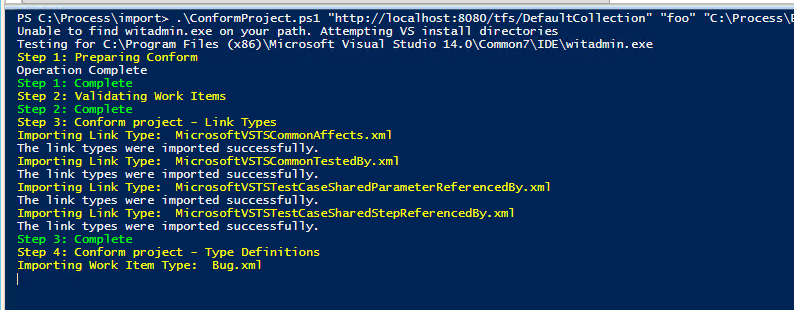 Screenshot of conform project process in PowerShell.