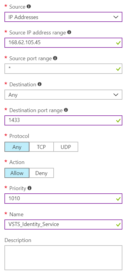 Screenshot of a completed inbound port rule configuration.