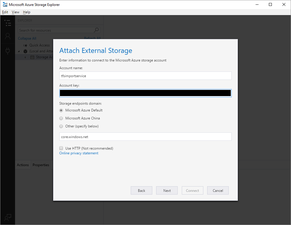 Screenshot of the Attach External Storage pane for enter information to connect to the storage account.