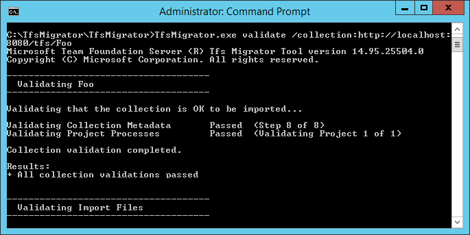 Screenshot of the validation results and logs in the Command Prompt window.