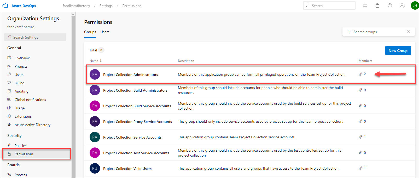 Screenshot showing project collection administrators group members.
