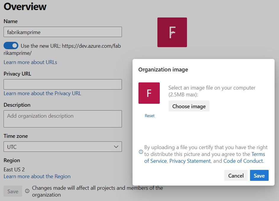Screenshot showing change organization image dialog.