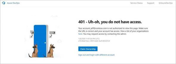 Screenshot of 401 message: Azure AD Administrator not member of organization.