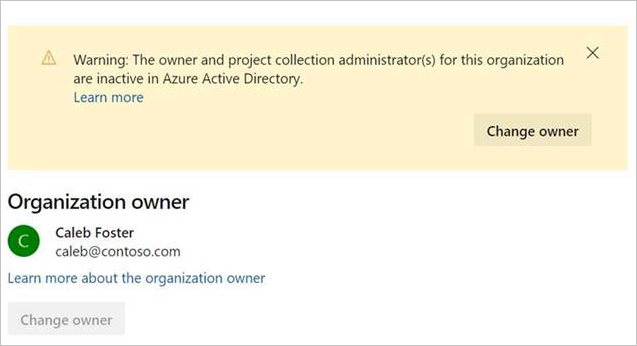 Screenshot of warning, PCA and Owner inactive in Azure AD.