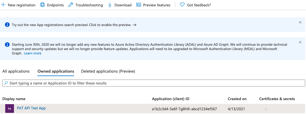 Open "Azure Active Directory" -> "App Registrations"