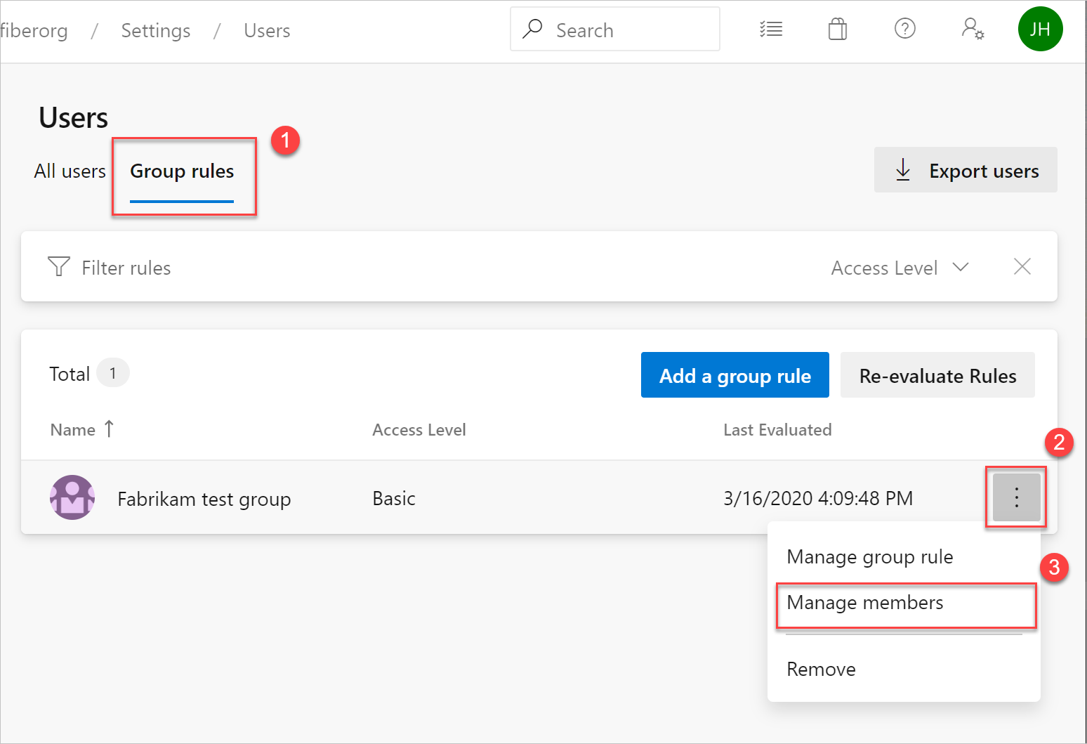 Screenshot shows highlighted group rule for managing members.