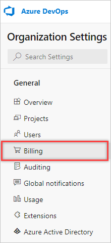 Screenshot showing Billing selection in Organization settings.