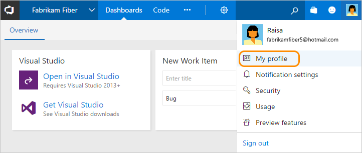 Azure DevOps, My Profile link on Organization menu