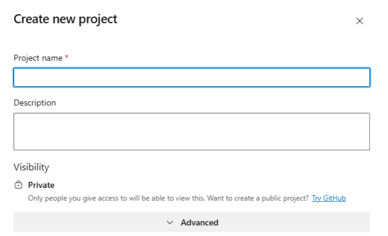 Screenshot of create new project form.