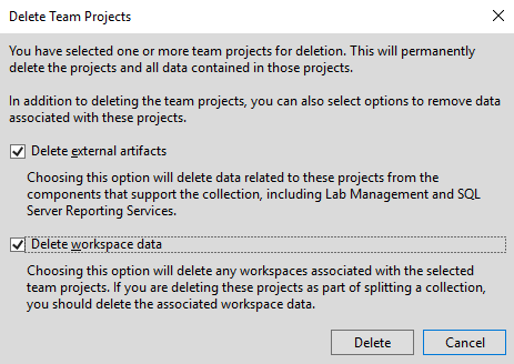 Delete team projects dialog.