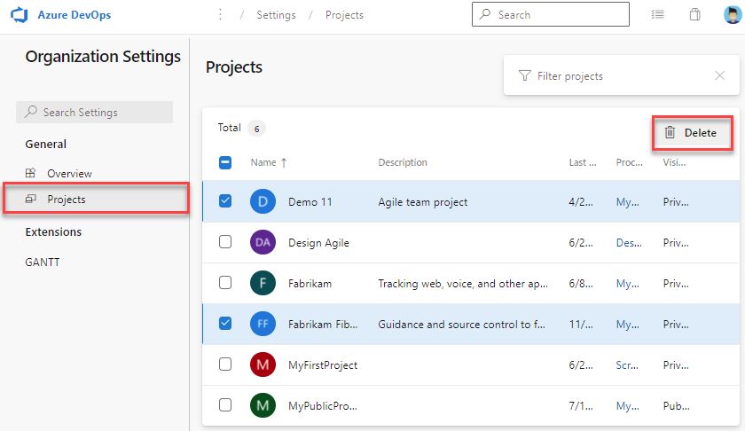 In Organization settings, select Projects, check each project, delete