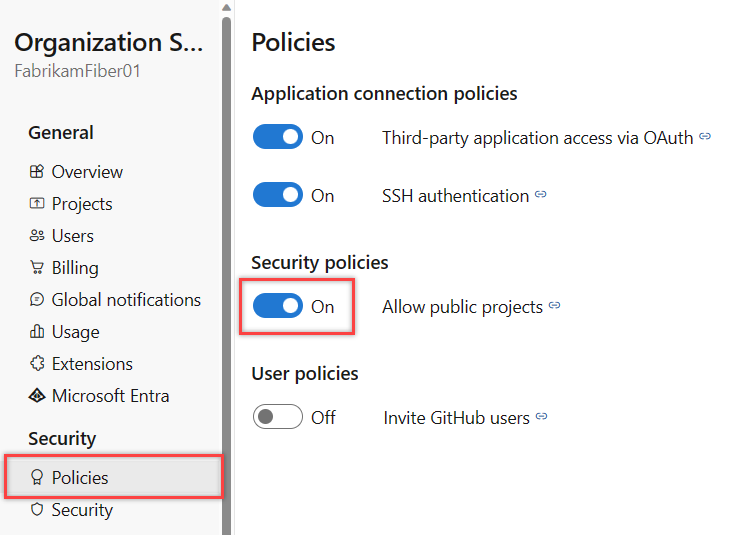 Screenshot showing Organization settings, Policy page, Security policies flow.