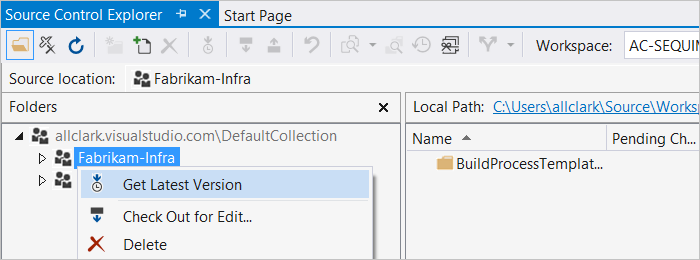 Screenshot of source control explorer, showing get latest version selection.