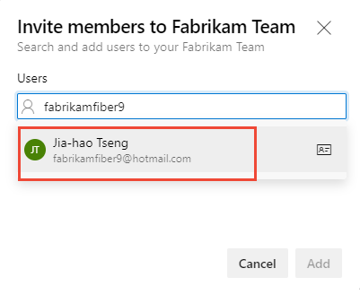 Invite members to a team dialog, enter a known user account.