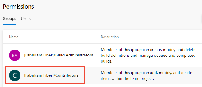 Screenshot of Security page, Contributors group.