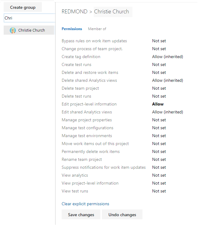 Screenshot of selected user, change Edit project-level information permission level.