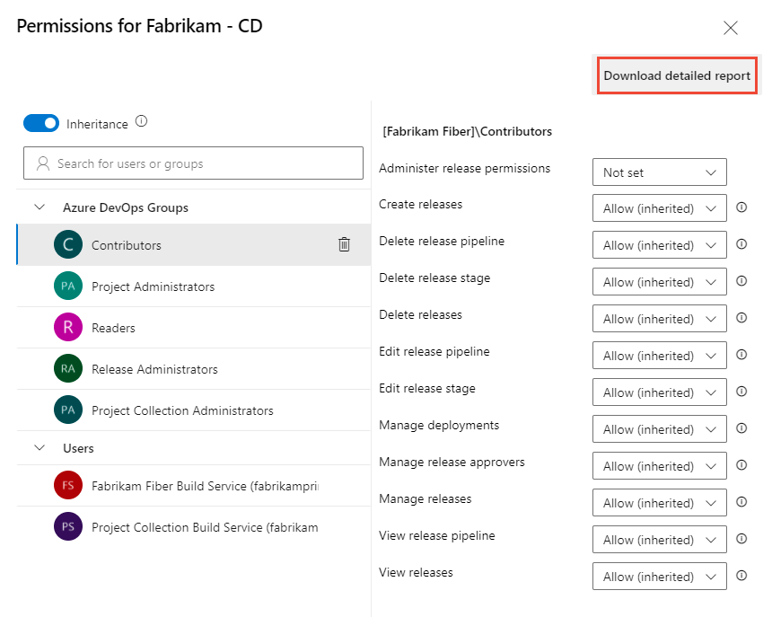 Screenshot of Permissions dialog for a release, Download detailed report button.