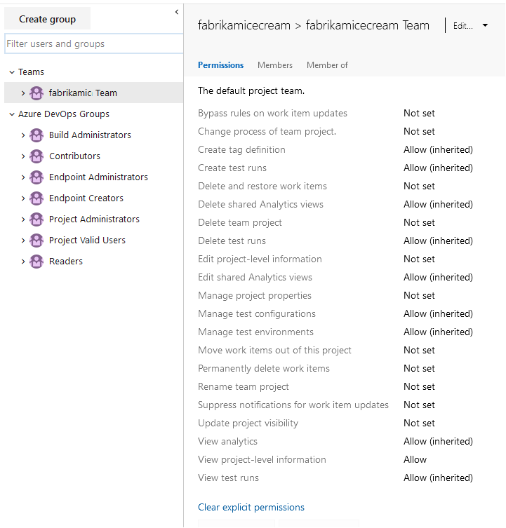 Screenshot of Project-level groups and permissions, Azure DevOps current.