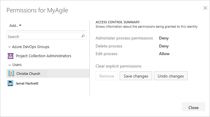 Screenshot showing permissions for a process dialog.